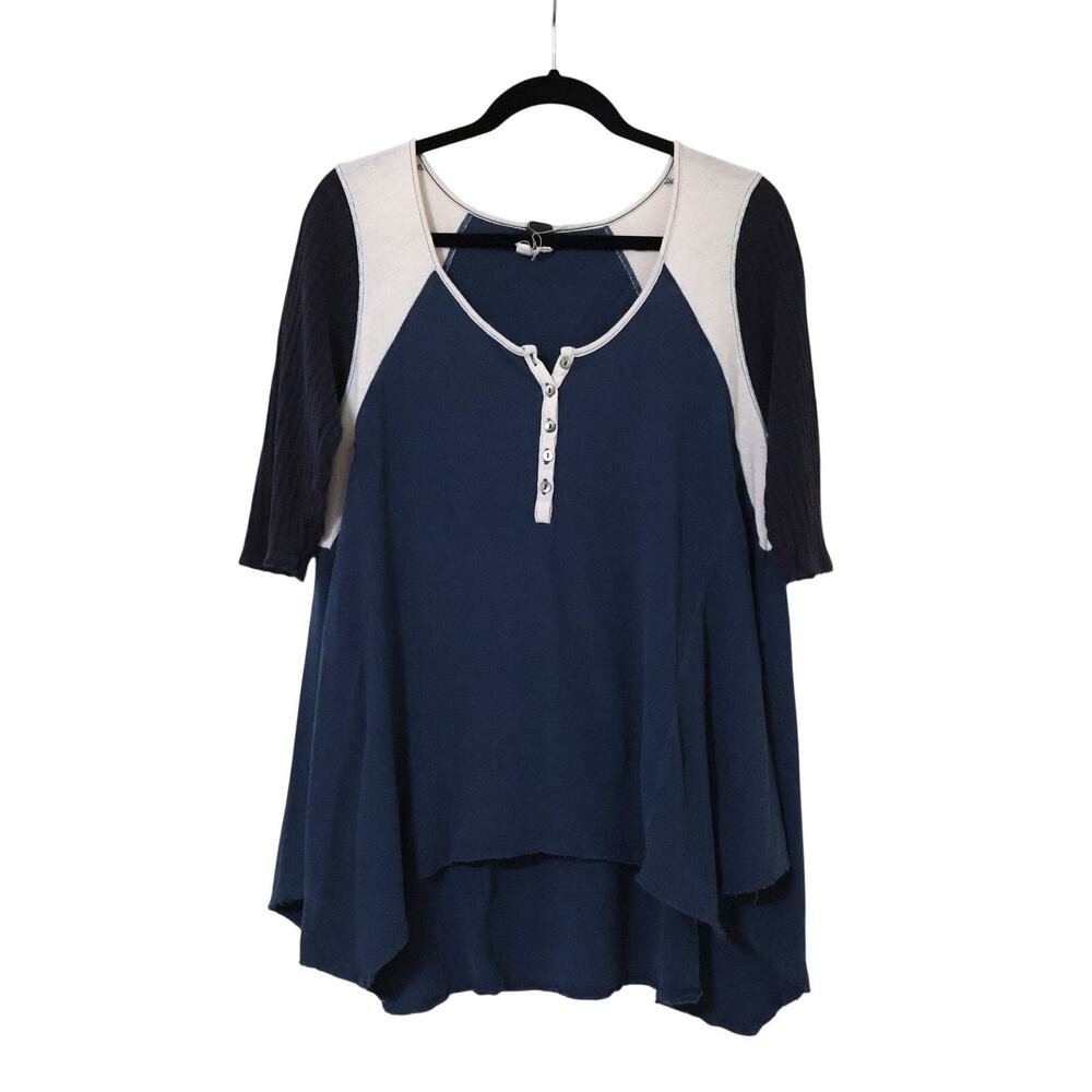 Free People We the Free Blue Contrast Henley Flowy Swing Top M Boho Western